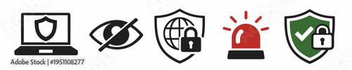 Digital protection icons with secure laptop, hidden eye, globe lock, alarm siren and shield lock. Vector symbols for privacy, monitoring, cyber defense and online threat alerts.
