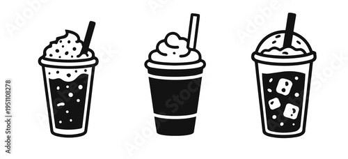 Black and white vector collection of three takeaway beverage cups with straws and creamy tops. Clean cafe icon set for menu design, packaging, labels, and apps.
