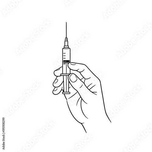 Hand Holding Syringe Line Art Icon, Vaccination Medical Outline Illustration