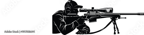 Professional Vector Silhouette Illustration of a Sniper Aiming a Precision Long Range Rifle with Bipod and Scope for Tactical Military or Sport Shooting Graphic Design Projects
