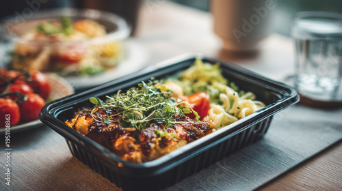 Delicious takeout food in black plastic container on table with pasta and microgreens