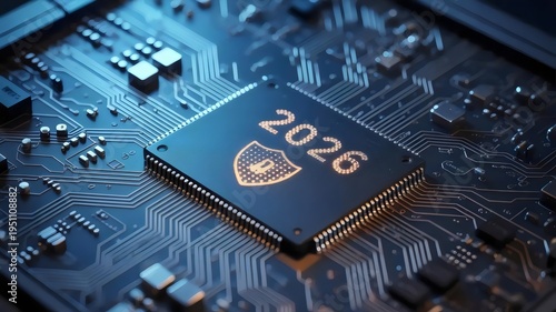 Macro of microchip with glowing security shield – Suitable for hardware security, high-tech engineering, or digital safety.