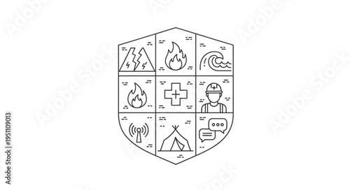 Shield with icons representing disaster preparedness and safety.