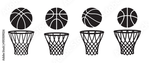 Four basketballs hovering above basketball hoops, presented in a clean, graphic style.
