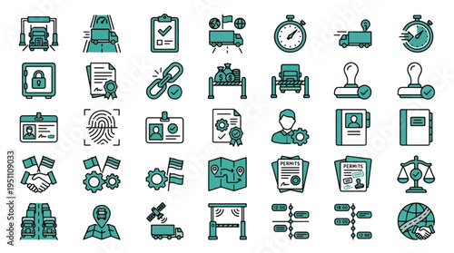 Trucking and logistics icon set. Semi truck, driver, CDL, delivery, freight, transport, shipping, maintenance, safety, road, cargo, trailer, hazard, haulage, tools. Flat line vector icons.