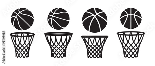 Black Basketballs Hovering Over Netless Hoops Against on White Background.