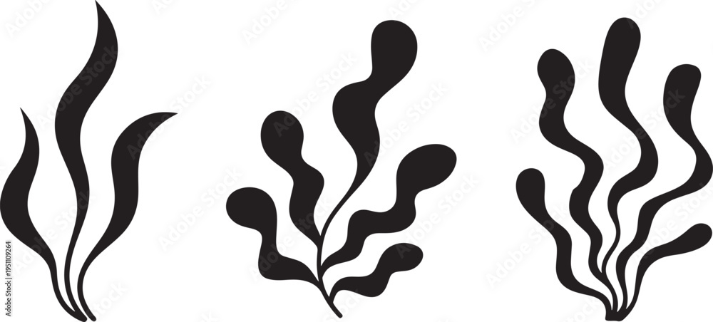 Obraz premium seaweed silhouette icon set marine algae underwater plant minimal shapes