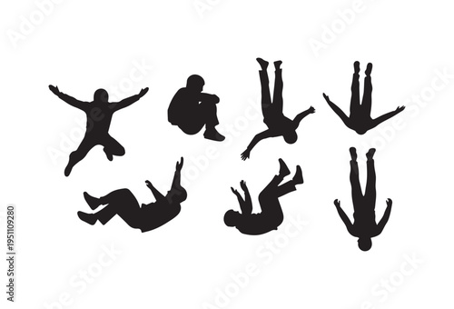 Set of 7 black falling people silhouettes vector