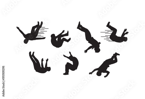 Set of 7 black skateboarder silhouettes vector