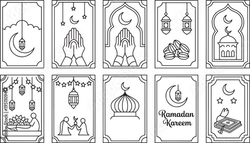 Set of Ten Decorative Islamic Greeting Card Designs with Lanterns and Mosque Silhouettes Vector