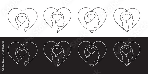 Abstract Continuous Line Art of Human Heads with Hearts Inside, Representing Love and Mind.