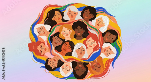 Diverse group of women faces illustration with rainbow colors.