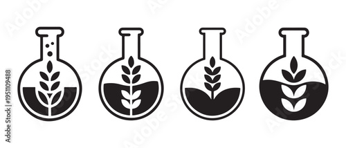 Wheat grain in laboratory flasks, science and research concept, agricultural biotechnology icons.