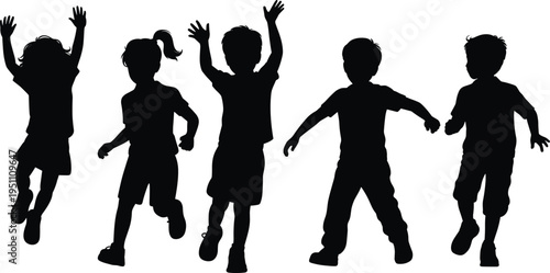 Happy children jumping silhouettes isolated on white background representing playful kids energy fun childhood activity joy and carefree youth concept