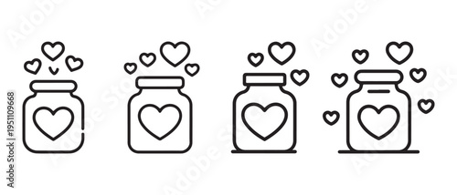 A set of four line art icons showing jars filled with hearts representing love and affection concepts.
