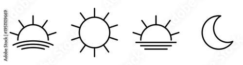 Sunrise sun sunset and moon outline icon set illustration, day and night symbols collection for weather time and circadian cycle concept, minimal linear icons for schedule lifestyle design