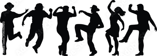People dancing silhouettes in energetic poses isolated on white background representing dance music party celebration movement nightlife and joyful social activity concept