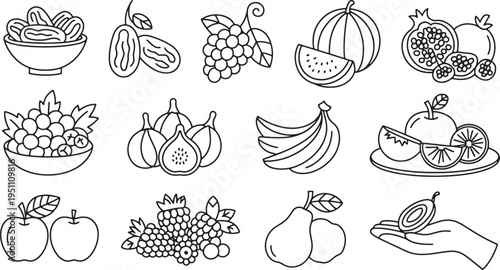 Collection of line art illustrations depicting various fruits and vegetables in a grid layout.