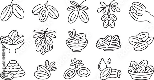 Collection of line art illustrations of various fruits and vegetables in different arrangements