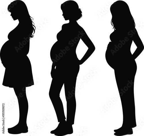 Pregnant women silhouettes standing isolated on white background representing motherhood pregnancy maternity expecting mother family and prenatal care concept
