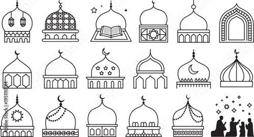 Detailed line art vector illustration set showcasing various historical and modern architectura