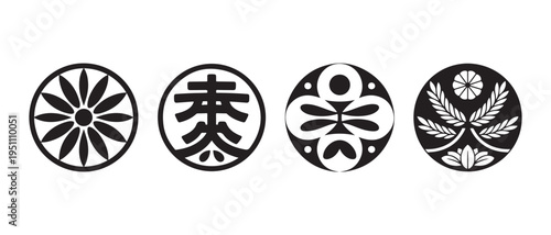 Traditional Japanese Family Crests (Mon) Vector Set. Four Distinct Black and White Cultural Emblems.