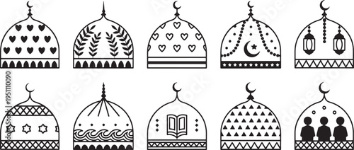 Diverse collection of ten vector mosque dome illustrations showcasing Islamic architectural sty