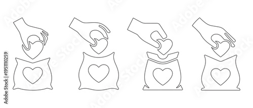 Hand Gently Placing Heart into a Symbolic Bag. Outline Concept for Charity, Love, and Donation.