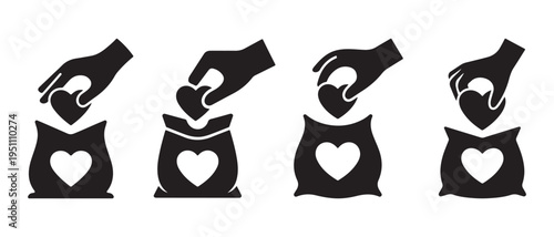 Hand Placing Heart into Bag Icon Set. Illustrating Donation, Charity, and Love in a Simple Black and White Graphic Design.