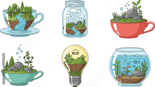 Fantasy Floating Island Landscape Set with Forest Mountains Waterfalls Tropical and Grassland Scenes Isolated on White Background Vector Illustration