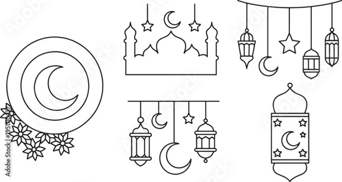 Islamic Ramadan Line Art Icon Set with Mosque Lanterns Crescent Moon Stars and Hanging Ornament