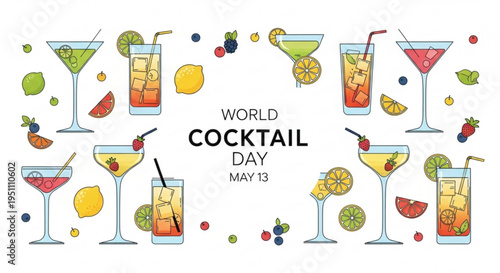 Colorful cocktails with fruits and berries on world cocktail day may 13 celebration