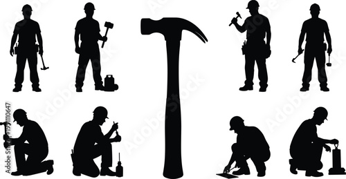 Black silhouettes of construction workers, builders, and a hammer icon, manual labor set, industrial job icons, renovation and carpentry, vector.