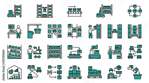 Fashion Business Icon Set. Apparel design, garment manufacturing, clothing retail, ecommerce, brand marketing, startup launch, logistics, production symbols. Flat line vector illustrations.