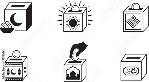 Set of Islamic Charity Donation Box Icons featuring Mosque Crescent Moon and Coin Illustrations
