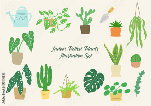 Houseplant doodle illustration set. Cute hand drawn potted plants and gardening elements with monstera, cactus, watering can and garden tools. Botanical collection for cards, prints and home decor des