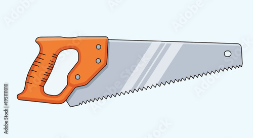 A simple cartoon illustration of a hand saw with an orange handle and a silver blade, depicted against a plain light background.