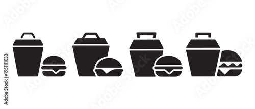 Fast food icons set. Burgers and takeout cups for delivery or takeaway meals.