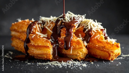 Golden Churros Delight with Chocolate Drizzle and Sweet Topping Dessert Indulgence Delicious Treat Close Up.