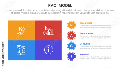 RACI model infographic 4 point stage template with matrix structure big union square shape and circle point stack for slide presentation