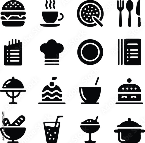 hand drawn restaurant fast food black icons silhouette vector illustration design art