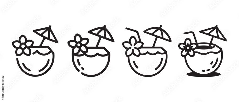 Fototapeta premium Set of minimalist line art coconut cocktail icons with umbrella and flower, representing tropical summer drinks and vacation.