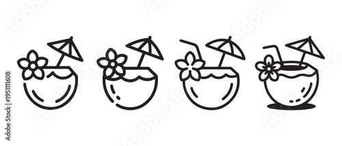 Set of minimalist line art coconut cocktail icons with umbrella and flower, representing tropical summer drinks and vacation.