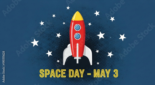Rocket ship blasts off into starry night sky on space day may 3rd celebration