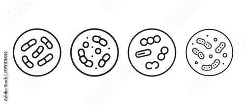 Microscopic Bacteria and Microorganisms Scientific Illustration. Diverse Microbes in Petri Dish View, Outline Design..