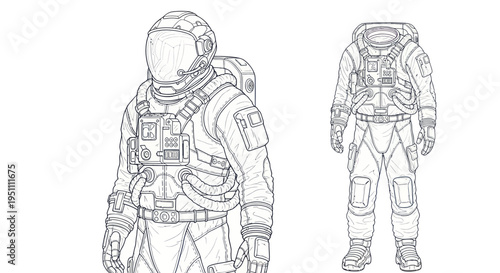 Astronaut Suit Sketch: Two Views of Futuristic Space Exploration Gear