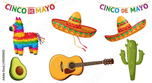Cinco de Mayo Fiesta Elements: Pinata, Sombreros, Guitar, Cactus, Avocado