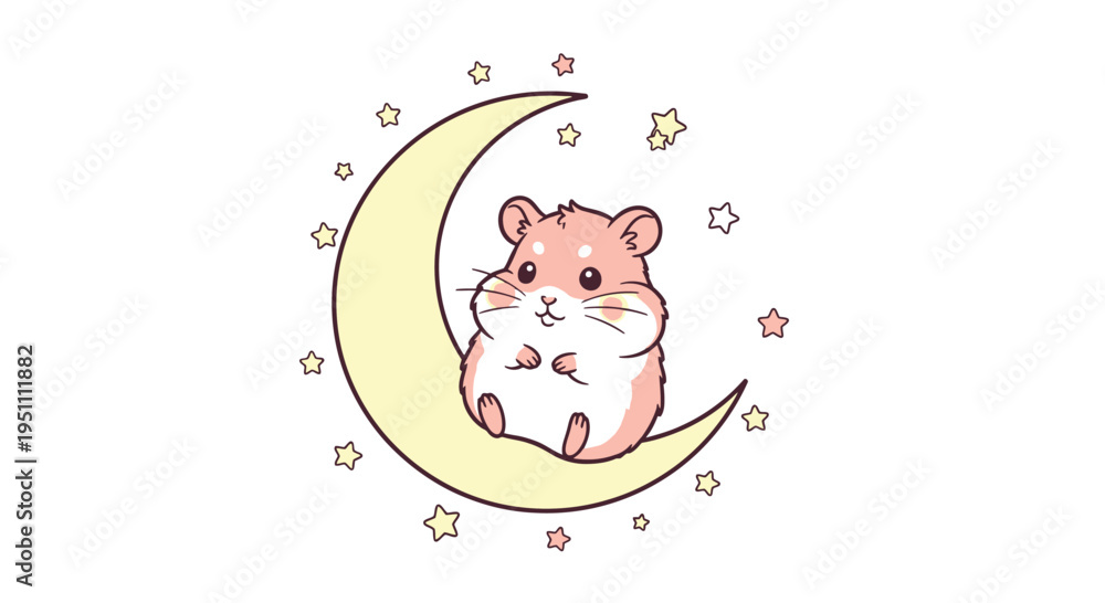 Fototapeta premium Adorable Hamster Sitting on Crescent Moon Surrounded by Stars Illustration.