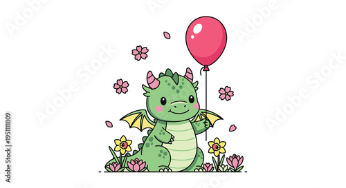 Adorable Green Dragon with Balloon in a Floral Meadow Illustration.