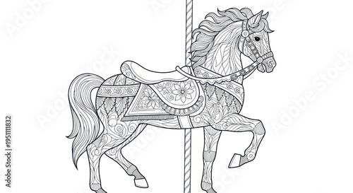 Ornate Carousel Horse Illustration - Zentangle Style Coloring Page